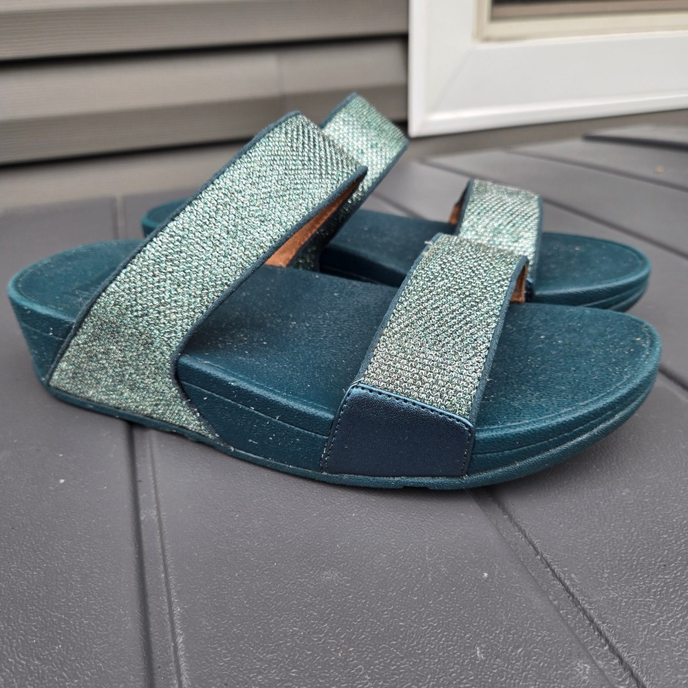 FitFlop Lulu Shimmerlux Teal Blue Glitter sandals women's sz 7.5